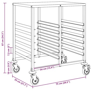vidaXL Τρόλεϊ Δίσκου με 12 Δοχεία GN 75x55x87cm από Ανοξείδωτο Ατσάλι 1 τεμ.