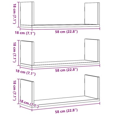 vidaXL Ράφια Τοίχου 3 τεμ. Μαύρη Δρυς 58x18x18cm από Τεχνητό Ξύλο