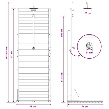 vidaXL Εξωτερικό ντους 225 cm Μασίφ ξύλο πεύκου και ανοξείδωτο ατσάλι
