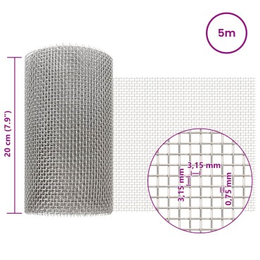 vidaXL Πλέγμα Οθόνης 20x500cm 6 Mesh Ανοξείδωτο Ατσάλι 201 Ασημί