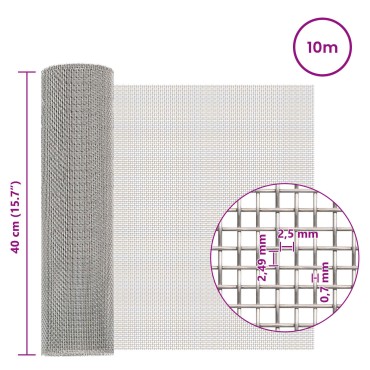 vidaXL Πλέγμα Οθόνης 40x1000cm 8 Mesh Ανοξείδωτο Ατσάλι 201 Ασημί