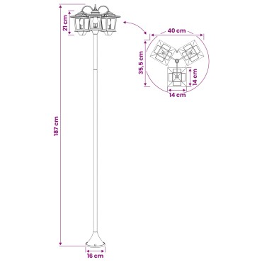 vidaXL Φανάρι 3-κεφαλών Μαύρο 16 x 16 x 187 εκ Αλουμίνιο και ABS