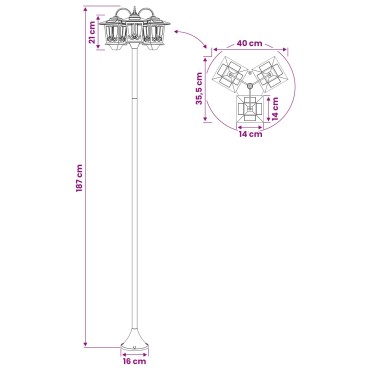 vidaXL Φανάρι 3-κεφαλών Μαύρο 16 x 16 x 187 εκ Αλουμίνιο και ABS