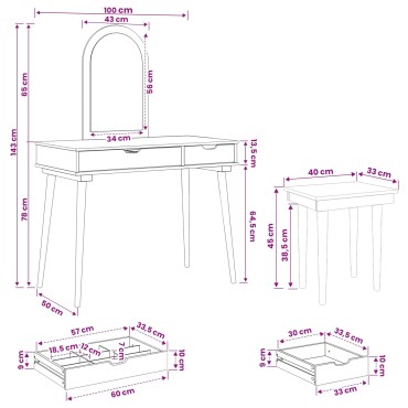 vidaXL Σετ Τραπεζιού Μακιγιάζ FAUSKE 3 τεμ. Λευκό 100x50x143 εκ