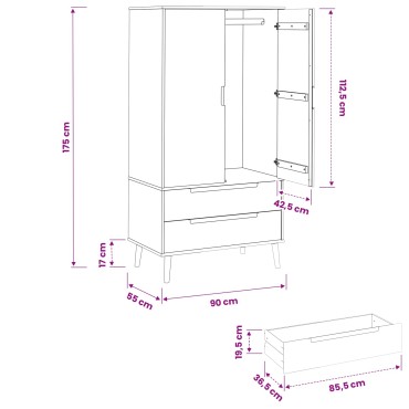 vidaXL Ντουλάπι MOLDE Μαύρο 90x55x175cm Μασίφ Ξύλο Πεύκου