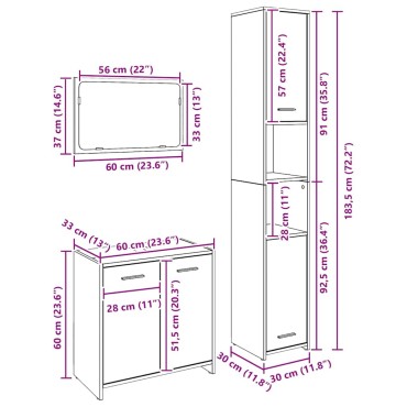 vidaXL Σετ Επίπλων Μπάνιου 3 τεμ. Μαύρη Οξυά 30x30x183,5cm