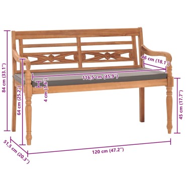 vidaXL Παγκάκι Batavia Μασίφ Ξύλο Teak & Σκούρο Γκρι Μαξιλάρι 120x51,5x84cm 1 τεμ.