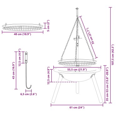 vidaXL Φωτιά με Ρυθμιζόμενη Σχάρα ⌀55,5 x 107,5 εκ Ατσάλι Μαύρο