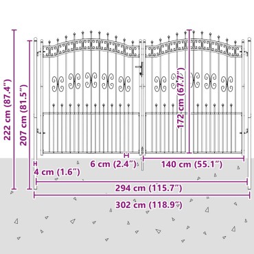 vidaXL Πόρτα Περίφραξης KAMPEN με Κορυφή Δόρυ Μαύρη 302x172 εκ. Ατσάλινη