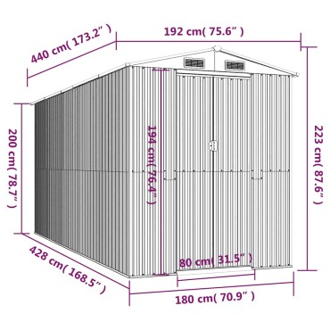 vidaXL Αποθήκη Κήπου Ανοιχτό γκρι 192x440x223 εκ. Γαλβανισμένο Ατσάλι