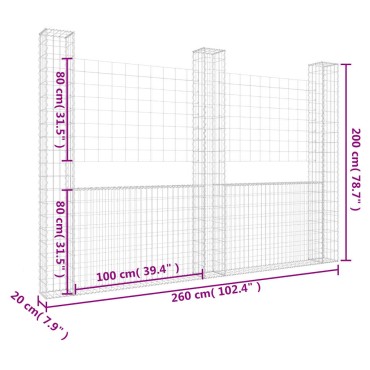 vidaXL Συρματοκιβώτια σε U Σχήμα με 3 Στύλους 260x20x200cm Σιδερένιο