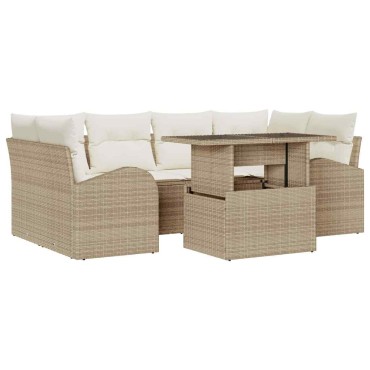 vidaXL Σετ Καναπέ Κήπου 7 τεμ. Μπεζ Πολυ Ρατάν 234x124x85cm  Γωνιακός