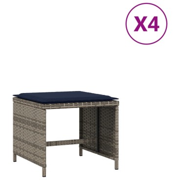 vidaXL Σκαμπό Κήπου 4 τεμ. Γκρι 40x40x35cm Συνθετικό Ρατάν Μαξιλάρια