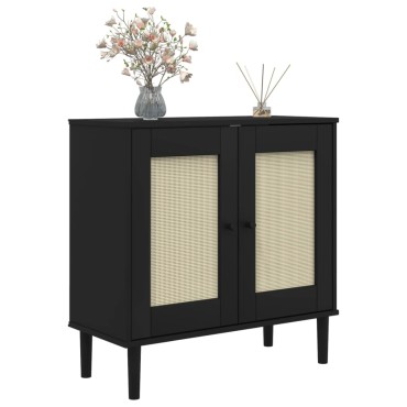 vidaXL Μπουφές SENJA Μαύρο / Ρατάν 80x35x80cm Μασίφ Ξύλο Πεύκου 1 τεμ.