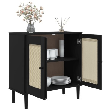 vidaXL Μπουφές SENJA Μαύρο / Ρατάν 80x35x80cm Μασίφ Ξύλο Πεύκου 1 τεμ.