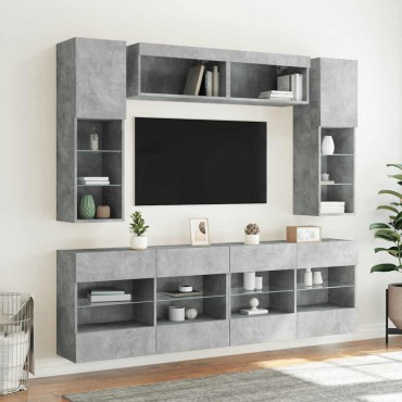 vidaXL Ντουλάπια Τηλεόρασης Τοίχου 6 τεμ. Φώτα LED Γκρι Σκυροδέματος