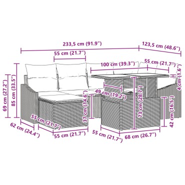 vidaXL Σετ Καναπέ 7 τεμ. Καφέ και Κόκκινο Πολυ ράταν 100x55x73cm  Γωνιακός
