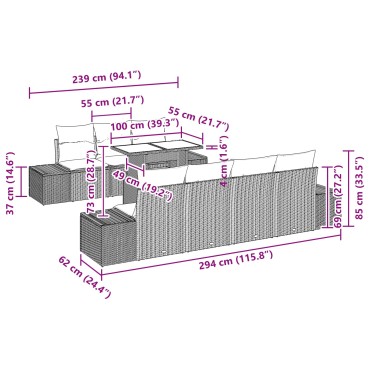 vidaXL Σετ Καναπέ Κήπου 8 τεμ. 7-Αριθμός καθισμάτων Καφέ και Κόκκινο 100x55x73cm  Γωνιακός