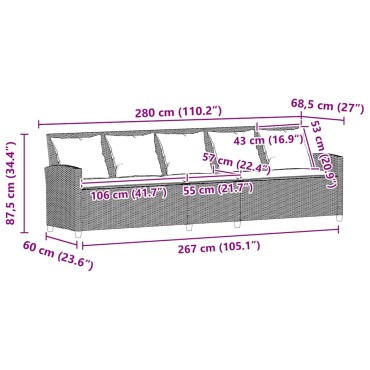 vidaXL Καναπές κήπου 5θέσιος με μαξιλάρια Γκρι Poly Rattan 280x68,5x87,5 cm