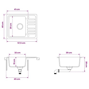 vidaXL Νεροχύτης κουζίνας με ποδιά Γρανίτης 57,5 x 46 x 28 εκ.