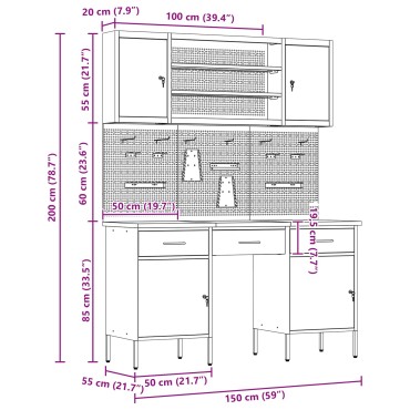 vidaXL Ντουλάπα Εργασίας 7 τεμ. Μαύρο Μηχανισμένο ξύλο και ατσάλι