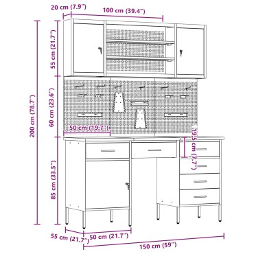 vidaXL Ντουλάπα Εργασίας 7 τεμ. Μαύρο Μηχανισμένο ξύλο και ατσάλι