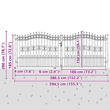vidaXL Πόρτα Περίφραξης KAMPEN με Κορυφή Δόρυ Μαύρη 394,5x150 εκ. Ατσάλι