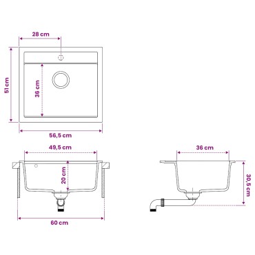 vidaXL Νεροχύτης Κουζίνας Μία Γούρνα Γρανίτης 60 x 51 x 30,5 εκ.