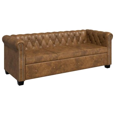vidaXL Καναπές Τριθέσιος Chesterfield Καφέ από Συνθετικό Δέρμα 200,5x76x70cm 1 τεμ.