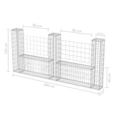 vidaXL Συρματοκιβώτιο σε Σχήμα «U» 240x20x100cm Γαλβανισμένος Χάλυβας