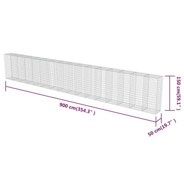 vidaXL Συρματοκιβώτιο Τοίχος 900x50x150cm Γαλβαν.Χάλυβας + Καλύμματα