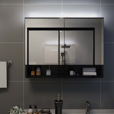 vidaXL Καθρέφτης Μπάνιου με Ντουλάπι / LED Μαύρο 80x15x60cm MDF 1 τεμ.