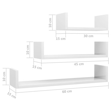 vidaXL Ράφια Τοίχου 3 τεμ. Γυαλιστερό Λευκό από Μοριοσανίδα 60x15x10cm
