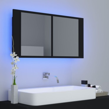 vidaXL Καθρέφτης Μπάνιου με Ντουλάπι LED Μαύρος 90x12x45cm Ακρυλικός 1 τεμ.