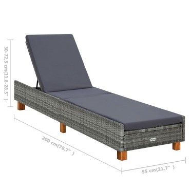 vidaXL Ξαπλώστρα Γκρι από Συνθετικό Ρατάν με Μαξιλάρι 200x55x30-72,5cm 1 τεμ.