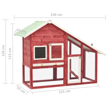 vidaXL Κλουβί Κουνελιών Κόκκινο/Λευκό 140x63x120 εκ. Μασίφ Ξύλο Ελάτης