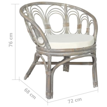 vidaXL Καρέκλα τραπεζαρίας με μαξιλάρι γκρι φυσικό ρατάν και λινό 72x68x76cm 1 τεμ.