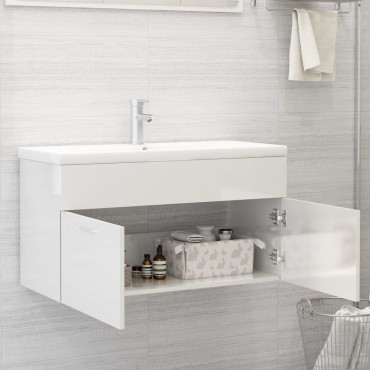vidaXL Ντουλάπι Νιπτήρα Γυαλιστερό Λευκό 90x38,5x46cm από Επεξ. Ξύλο 1 τεμ.