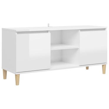 vidaXL Έπιπλο Τηλεόρασης Γυαλ. Λευκό 103,5x35x50cm Μασίφ Ξύλινα Πόδια