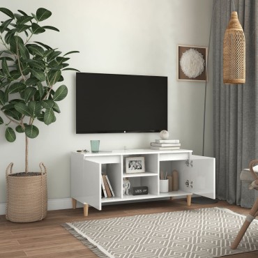 vidaXL Έπιπλο Τηλεόρασης Γυαλ. Λευκό 103,5x35x50cm Μασίφ Ξύλινα Πόδια
