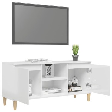 vidaXL Έπιπλο Τηλεόρασης Γυαλ. Λευκό 103,5x35x50cm Μασίφ Ξύλινα Πόδια