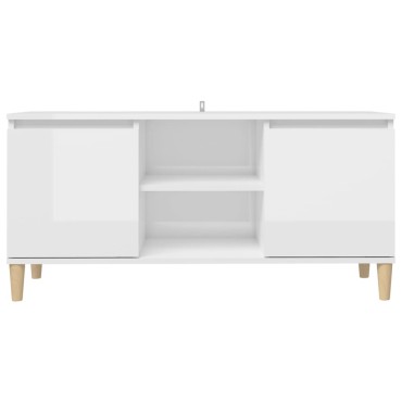 vidaXL Έπιπλο Τηλεόρασης Γυαλ. Λευκό 103,5x35x50cm Μασίφ Ξύλινα Πόδια