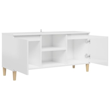 vidaXL Έπιπλο Τηλεόρασης Γυαλ. Λευκό 103,5x35x50cm Μασίφ Ξύλινα Πόδια