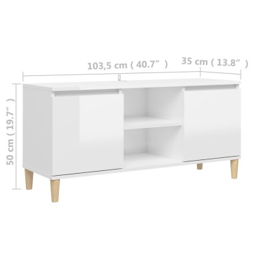 vidaXL Έπιπλο Τηλεόρασης Γυαλ. Λευκό 103,5x35x50cm Μασίφ Ξύλινα Πόδια