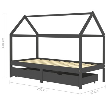 vidaXL Πλαίσιο Κρεβατιού Παιδ. Σκ. Γκρι 90x200cm από Πεύκο & Συρτάρια 1 τεμ. - Μονό