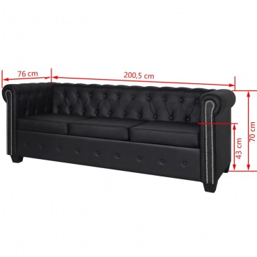 vidaXL Καναπές Τριθέσιος Chesterfield Μαύρος από Συνθετικό Δέρμα 200,5x76x70cm 1 τεμ.