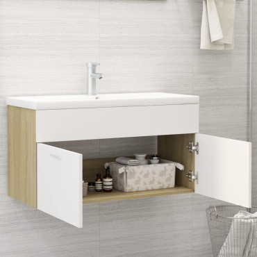 vidaXL Ντουλάπι Νιπτήρα Λευκό/Sonoma Δρυς 90x38,5x46cm από Επεξ. Ξύλο 1 τεμ.