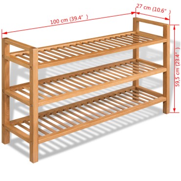 vidaXL Παπουτσοθήκη με 3 Ράφια 100 x 27 x 60 εκ. Μασίφ Ξύλο Δρυός