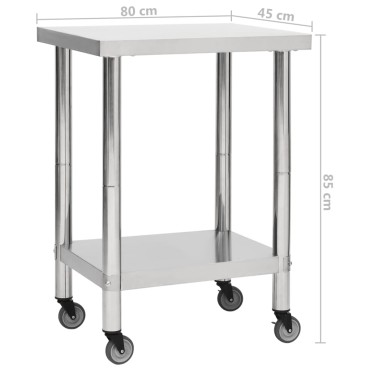 vidaXL Πάγκος Εργασίας Κουζίνας με Ροδάκια 80x45x85 εκ Ανοξείδ. Ατσάλι