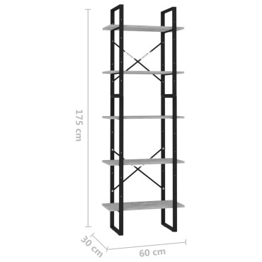 vidaXL Βιβλιοθήκη με 5 Ράφια Γκρι Σκυρ. 60x30x175cm Επεξ. Ξύλο 1 τεμ.